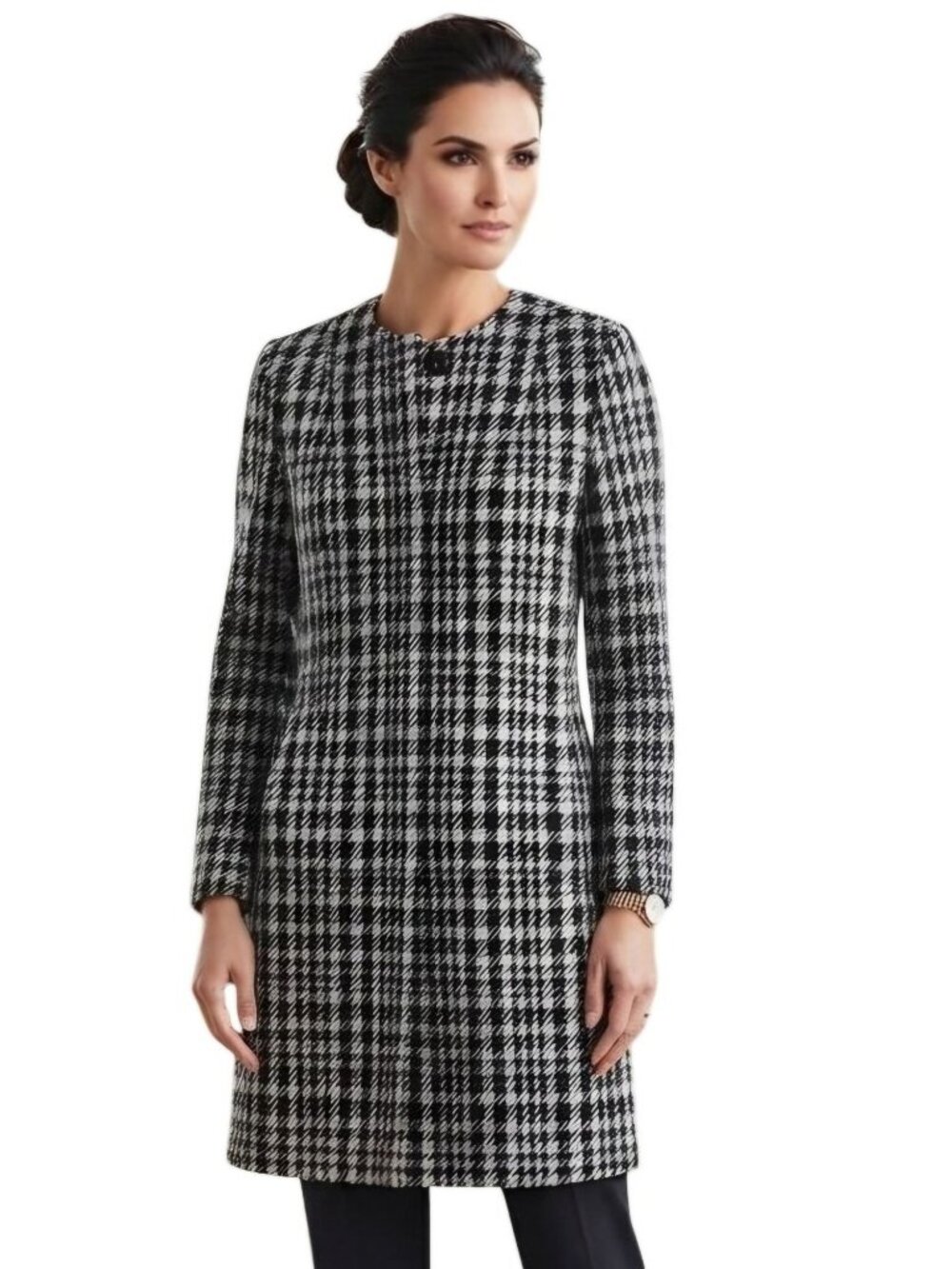 Dana Buchman Vintage Houndstooth Wool Blend Fully Lined Collarless Coat Size 2